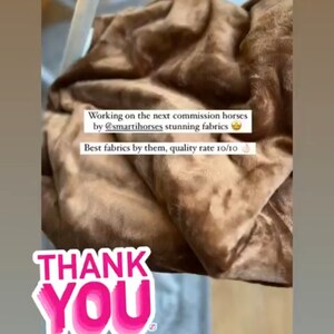 Puede incluir: Primer plano de una tela marr&oacute;n con el texto "Working on the next commission horses by @smartihorses stunning fabrics. Best fabrics by them, quality rate 10/10." Tambi&eacute;n se ve un gr&aacute;fico rosa y morado de "THANK YOU".