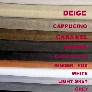 Puede incluir: Una paleta de muestras de tela en varios tonos, incluyendo Latte, Beige, Cappuccino, Caramelo, Marr&oacute;n, Chocolate, Ginger-Fox, Blanco, Gris claro, Gris y Negro. Los nombres de los colores est&aacute;n escritos en texto rojo.