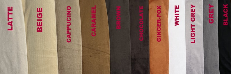 Op de afbeelding: Stofstalen in verschillende kleuren, waaronder latte, beige, cappuccino, caramel, bruin, chocolade, gember-vos, wit, lichtgrijs, grijs en zwart.