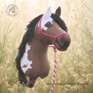 Può includere: Un cavallo giocattolo su bastone marrone e bianco con criniera in lana nera, dotato di una cavezza in corda rosa brillante e una corda di guida intrecciata abbinata. La testa è montata su un bastone di legno con un logo circolare e la scritta Handmade in Czech Republic.