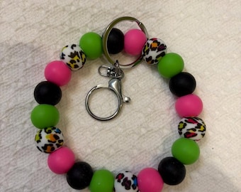 Beaded Wristlet Key Ring: Neon Green, Hot Pink, Black, White Leopard Accents Beads