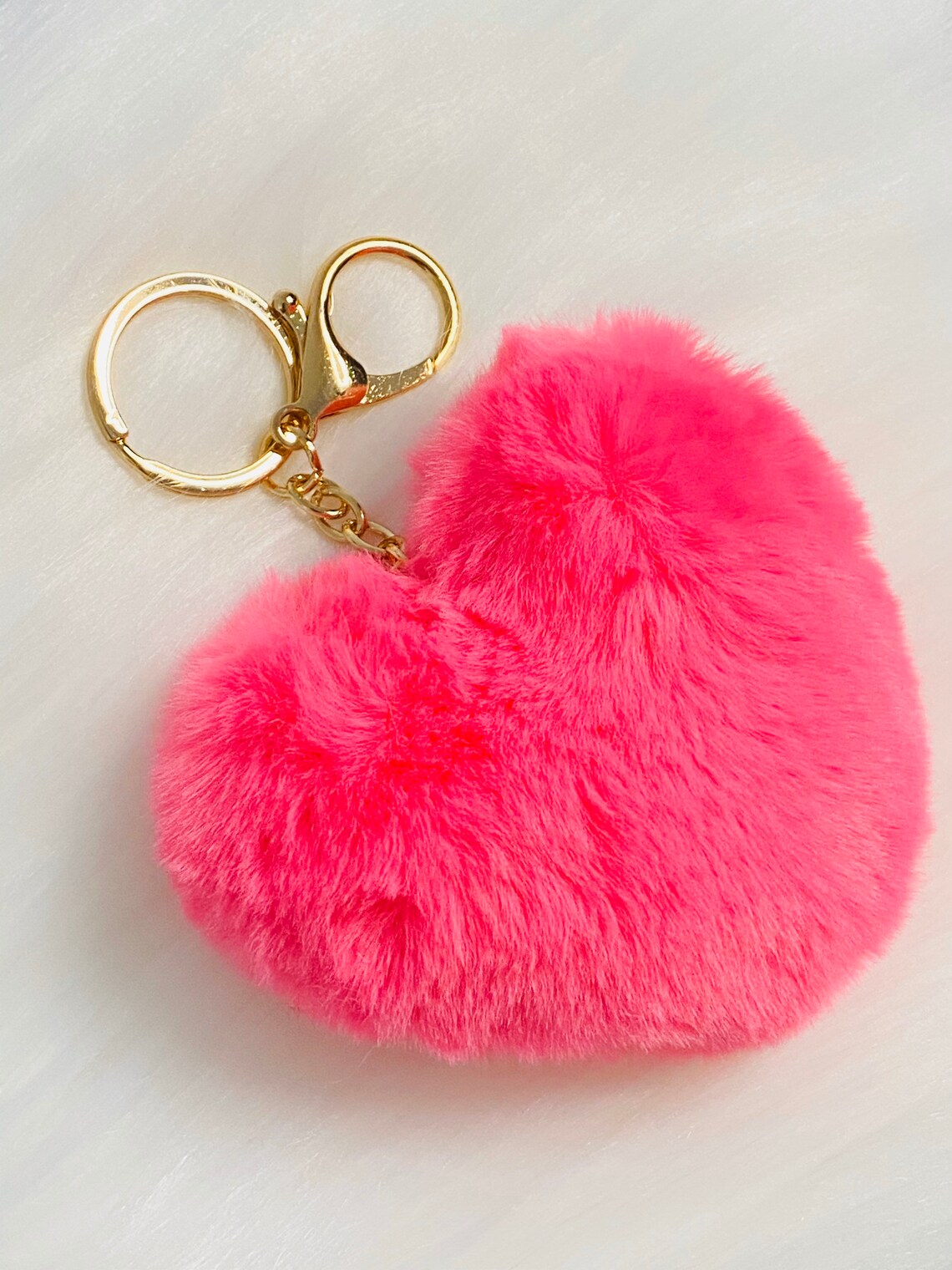 Pink Fluffy Fur Heart Pom Pom Keychain Etsy