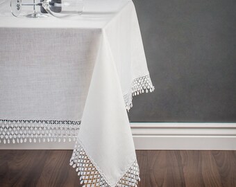 Tablecloth , white linen with teardrop border