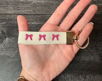 Pink Bow Keychain / Bow Embroidered Keychain / Coquette Bow Embroidery Keychain