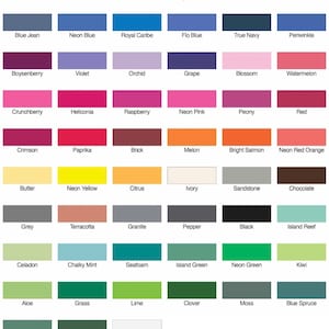 K&ouml;nnte beinhalten: Eine Farbkarte mit 60 verschiedenen Farbmustern. Jedes Muster ist mit einem Farbnamen beschriftet, wie z. B. "Eisblau", "Chambray", "Saphir", "Lagunenblau", "Topasblau", "Denim", "Jeansblau", "Neonblau", "Royal Caribe", "Flo Blue", "Marineblau", "Perlmuttblau", "Boysenbeere", "Violett", "Orchidee", "Traube", "Bl&uuml;te", "Wassermelone", "Himbeere", "Heliconia", "Himbeere", "Neonrosa", "Pfingstrose", "Rot", "Krimmson", "Paprika", "Ziegel", "Melone", "Lachsrosa", "Neonrot-Orange", "Butter", "Neon Gelb", "Zitrus", "Elfenbein", "Sandstein", "Schokolade", "Grau", "Terrakotta", "Granit", "Pfeffer", "Schwarz", "Inselriff", "Zitronengr&uuml;n", "Kreideminze", "Meeresschaum", "Inselgr&uuml;n", "Neongr&uuml;n", "Kiwi", "Aloe", "Gras", "Limette", "Klee", "Moos", "Blaue Fichte", "Hellgr&uuml;n", "Hanf", und "Wei&szlig;".
