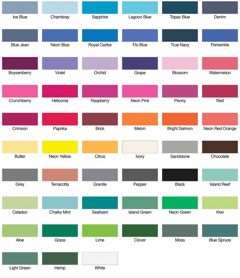 K&ouml;nnte beinhalten: Eine Farbkarte mit 60 verschiedenen Farbmustern. Jedes Muster ist mit einem Farbnamen beschriftet, wie z. B. "Eisblau", "Chambray", "Saphir", "Lagunenblau", "Topasblau", "Denim", "Jeansblau", "Neonblau", "Royal Caribe", "Flo Blue", "Marineblau", "Perlmuttblau", "Boysenbeere", "Violett", "Orchidee", "Traube", "Bl&uuml;te", "Wassermelone", "Himbeere", "Heliconia", "Himbeere", "Neonrosa", "Pfingstrose", "Rot", "Krimmson", "Paprika", "Ziegel", "Melone", "Lachsrosa", "Neonrot-Orange", "Butter", "Neon Gelb", "Zitrus", "Elfenbein", "Sandstein", "Schokolade", "Grau", "Terrakotta", "Granit", "Pfeffer", "Schwarz", "Inselriff", "Zitronengr&uuml;n", "Kreideminze", "Meeresschaum", "Inselgr&uuml;n", "Neongr&uuml;n", "Kiwi", "Aloe", "Gras", "Limette", "Klee", "Moos", "Blaue Fichte", "Hellgr&uuml;n", "Hanf", und "Wei&szlig;".