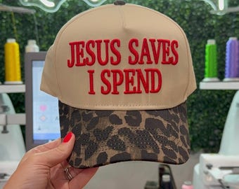 New! Jesus Saves I Spend Embroidered Cheetah Leopard. Trucker Hat Cool Cats Jesus Saves I Spend Leopard Vintage Hat / Vintage Trucker  main image 2