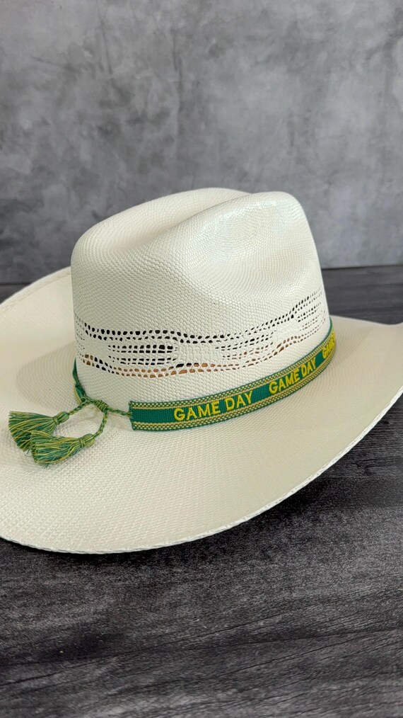 Embroidered Straw Hat with Green Band Mia - Wide Brim Embroidered Stitched Band Boater Panama  main image 4