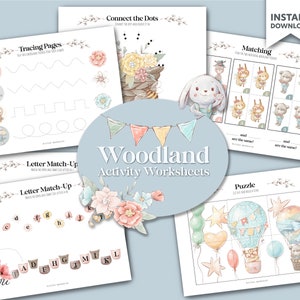 Planilhas de atividades pré-escolares da Woodland - Planilhas pré-escolares - Reconhecimento de letras, contagem, compreensão da caneta, rastreamento, correspondência, prek, kinder