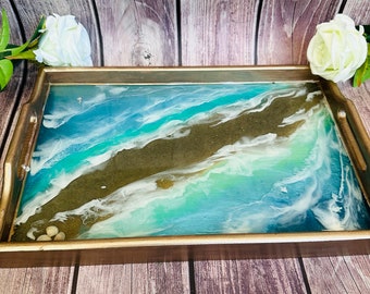 Wooden resin Ocean beach art tray Ocean art serving tray  housewarming tray Resin handmade gift for friend summer dining decor wedding gift