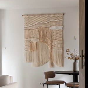 Beige Macrame Wall Hanging, Natural Fiber Wall Tapestry, Entryway Wall Decor, Textured Textile Wall Art, Japandi Home Decor Statement Piece