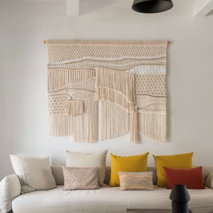 Abstract Wall Hanging for Living Room, Living Room Macrame Wall Hanging, Scandinavian Macrame Wall Decor, Natural Home Decor Tapestry