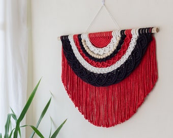 Black and Red Semicircle Macrame Wall Hanging, Boho Home Decor, Neutral Wall Art, Minimalist hanging, Above Bed Decoration, Christmas Gift