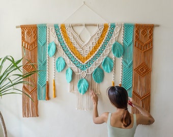 5ft Macrame Wall Hanging Large Colorful, Unique Tall Queen Headboard, Bohemian Decor, Long Hallway Yarn Wall Art