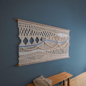 Large Macrame Wall Hanging | Blue Ocean Wave Tapestry | Abstract Coastal Decor | Boho Headboard Above Bed | Woven River Art