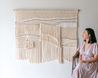 Grote macrame muur decor, abstracte Boho macrame kunst aan de muur, macrame muur opknoping voor woonkamer, textiel Boho decor, hoofdeinde tapijt