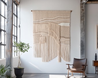 Könnte beinhalten: Ein großer, beiger Makramee-Wandbehang mit verschiedenen Knotenmustern und Texturen. Der Wandbehang ist an einer weißen Wand in einem modernen, minimalistischen Raum mit einem braunen Ledersessel und einer Topfpflanze angebracht.