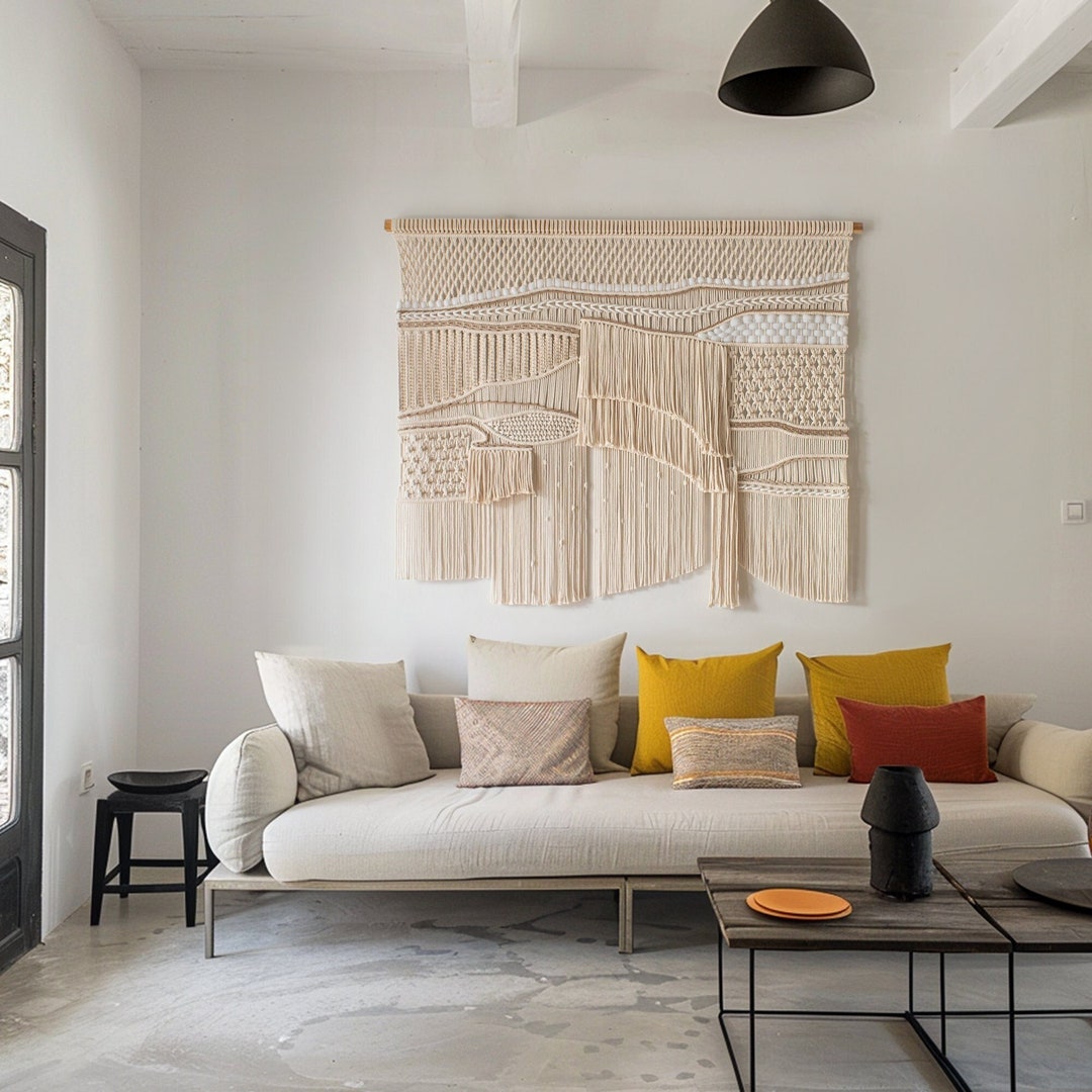 Stunning Scandinavian Living Room With Macrame Wall Hanging image