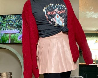 Vintage Pink Soft Leather Mini-Skirt | Pleated | Small | Made in USA