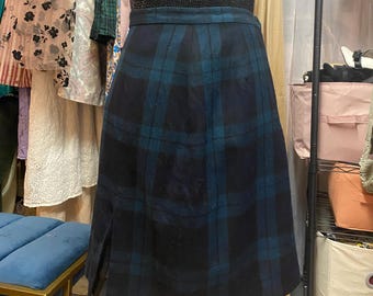 Vintage Plaid Green Navy Midi Skirt  | Alanni By Donny Brooks | Zipper button | Medium