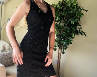 Vintage 1990s 2000s Black Beaded Lace Reggio Halter Dress with Open Back V Neck | Homecoming Cocktail Party Dress | Size 4 Small