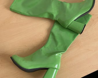 Lime Green PVC Leather Knee High Zip Up Boots | size 6 womens | Heeled Boots