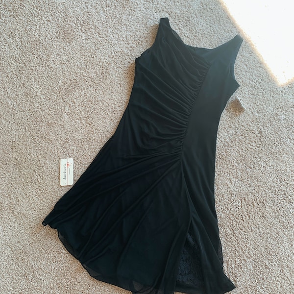 Vintage 2000s Patra Designer Black Chiffon Ruched Party Dress with Lace underskirt from Jacobson's | Tag still attached | small medium 10