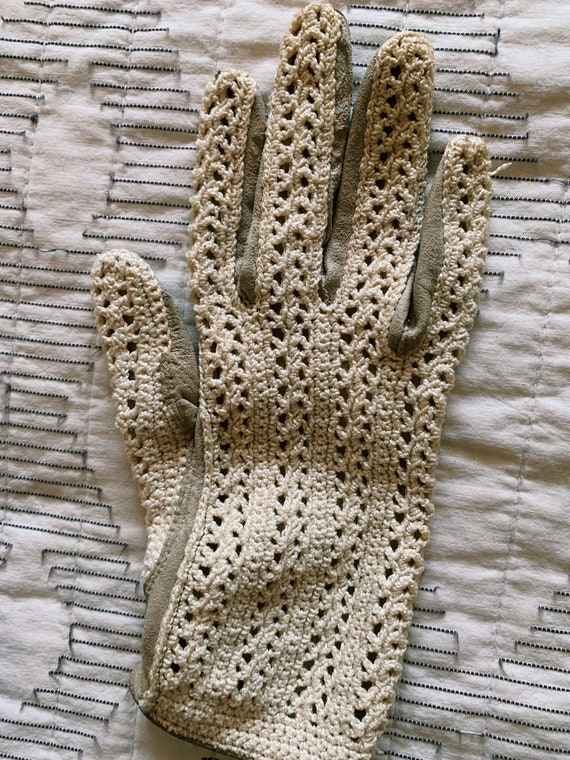 Antique Vintage Crochet Suede Handmade Gloves | s… - image 5