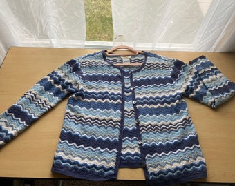 Hand Knit Linen Cotton Cardigan | Blue Striped Button Up Sweater