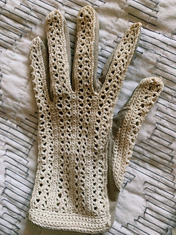 Antique Vintage Crochet Suede Handmade Gloves | s… - image 4