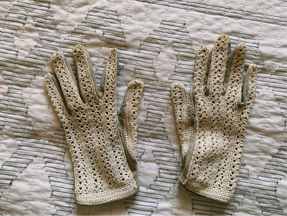 Antique Vintage Crochet Suede Handmade Gloves | s… - image 3
