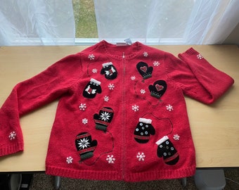 Croft & Barrow Christmas Sweater Cardigan | Red Ramie-Cotton Mittens, Size Small