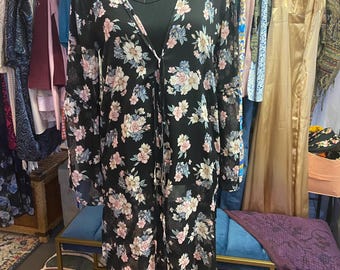 Vintage Sheer Black Floral Kimono Robe | Bell Sleeves