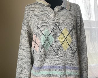 Vintage Wool Argyle Sweater | Pastel Colors, Collar, Size S/M