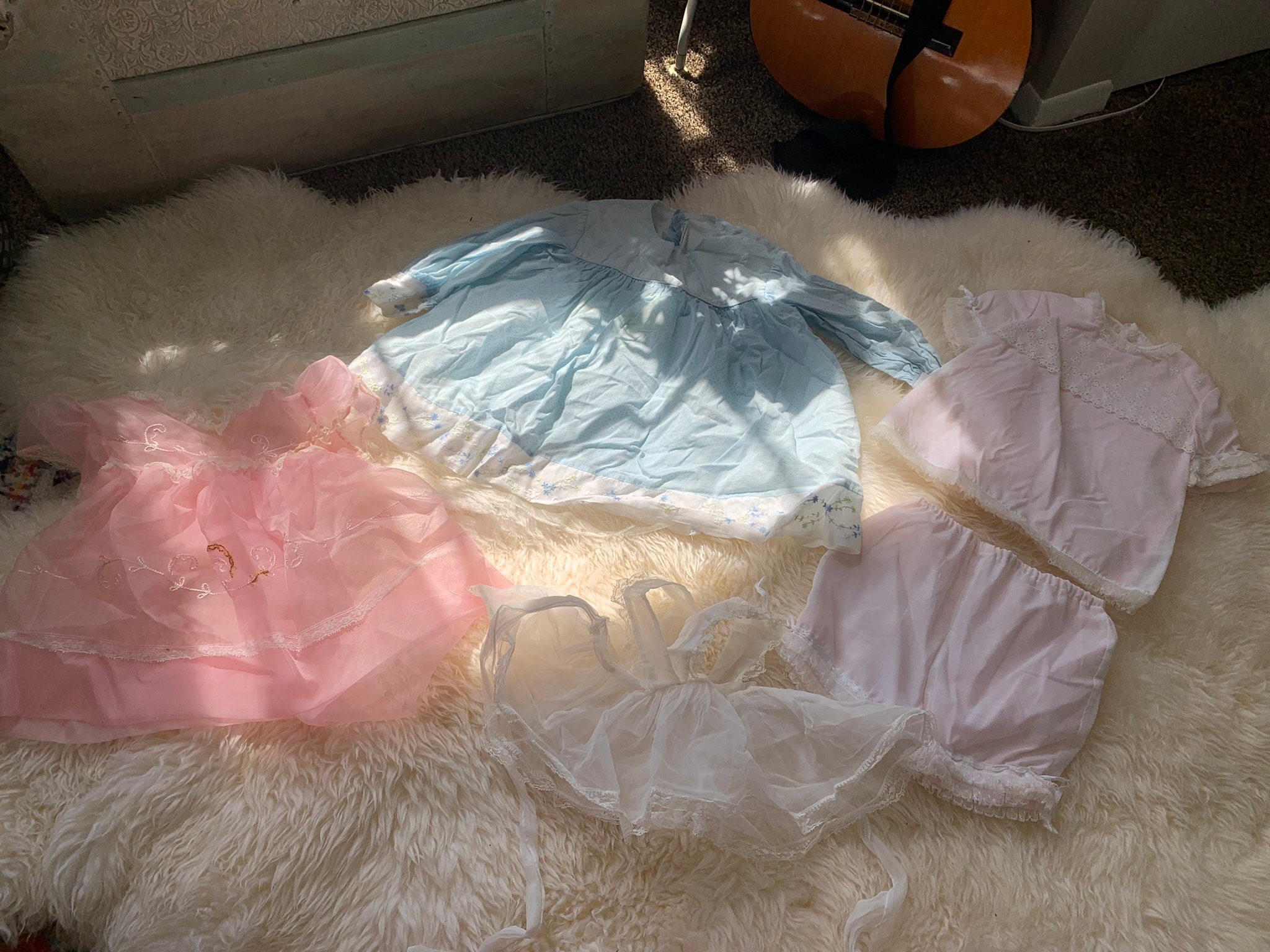 Vintage Aprons, Retro Aprons, Old Fashioned Aprons & Patterns Vintage 1960S Baby Infant 6 Months Pink Blue White Chiffon Cotton Bundle  USA 2 Dresses, ShirtShort Set, Tank Top, Apron Pieces $95.00 AT vintagedancer.com