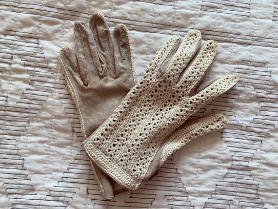 Antique Vintage Crochet Suede Handmade Gloves | s… - image 2