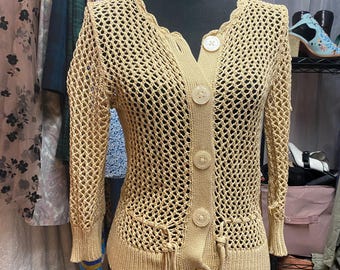 Vintage 1990s Crochet Cotton Cardigan | Yellow Tan | Banana Republic | Small