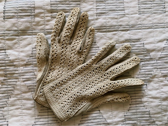 Antique Vintage Crochet Suede Handmade Gloves | s… - image 1