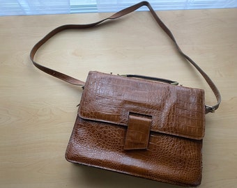 Vintage Brown Crocodile Print Patent Leather Briefcase | Double Compartment
