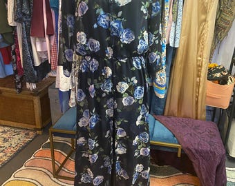 Vintage Sheer Navy Blue Kimono Robe Dress | Buttons Long Sleeves  | VERY LONG