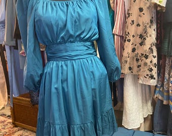 Vintage Blue Silk Satin Dress | Off Shoulder, Ruffle Hem, Long Sleeve