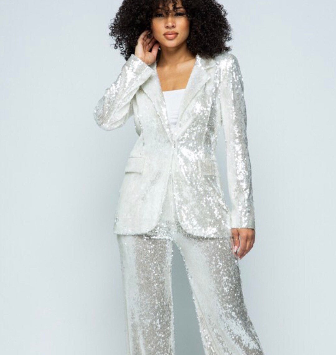 White Sequin Jacket Blazer and Pants Suit Two Piece Set Small Etsy