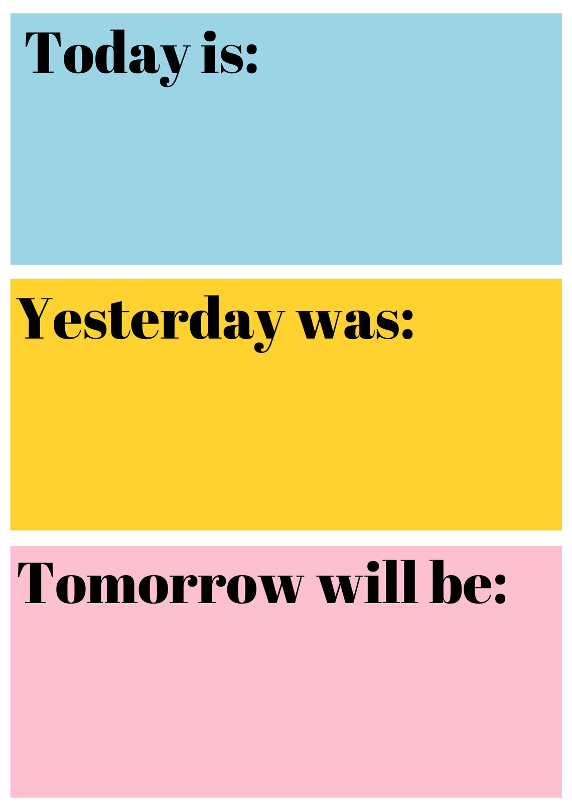 Today Yesterday Tomorrow Chart / Days of The Week Chart / Etsy