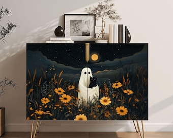 Ghost With Black Cat Floral Storage Cabinet, Wooden Cabinet with Doors, Boho Furniture, Retro Style Organizer, Housewarming Gift