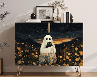 Ghost With Black Cat Storage Cabinet, Wooden Cabinet with Doors, Boho Furniture, Retro Style Organizer, Housewarming Gift