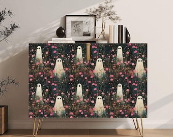 Spooky Ghost Floral Storage Cabinet, Wooden Cabinet with Doors, Boho Furniture, Retro Style Organizer, Housewarming Gift