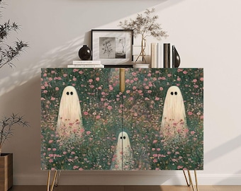 Spooky Ghost Floral Storage Cabinet, Wooden Cabinet with Doors, Boho Furniture, Retro Style Organizer, Housewarming Gift