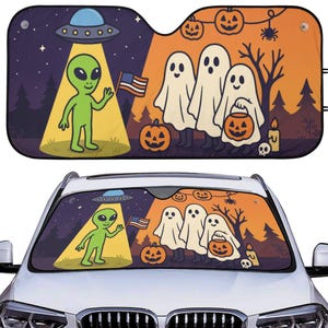 Green Alien And Ghost Boo Car Auto Sun Shade, Funny Halloween Windshield Sunshade, Car Decor Gift, Car Accessories, Front Window Cover