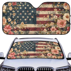 Vintage USA Flag Floral Car Sunshade, Patriotic American Flag Car Decor, Aesthetic Windshield Cover, Front Window Cover, Accessory Gift
