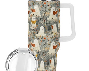 Ghost Book Lover 40oz Stainless Steel Tumbler With Handle Lid and Straw, Cute Halloween Reading Drink Cup, Travel Tumbler, Fun Tumbler Gift